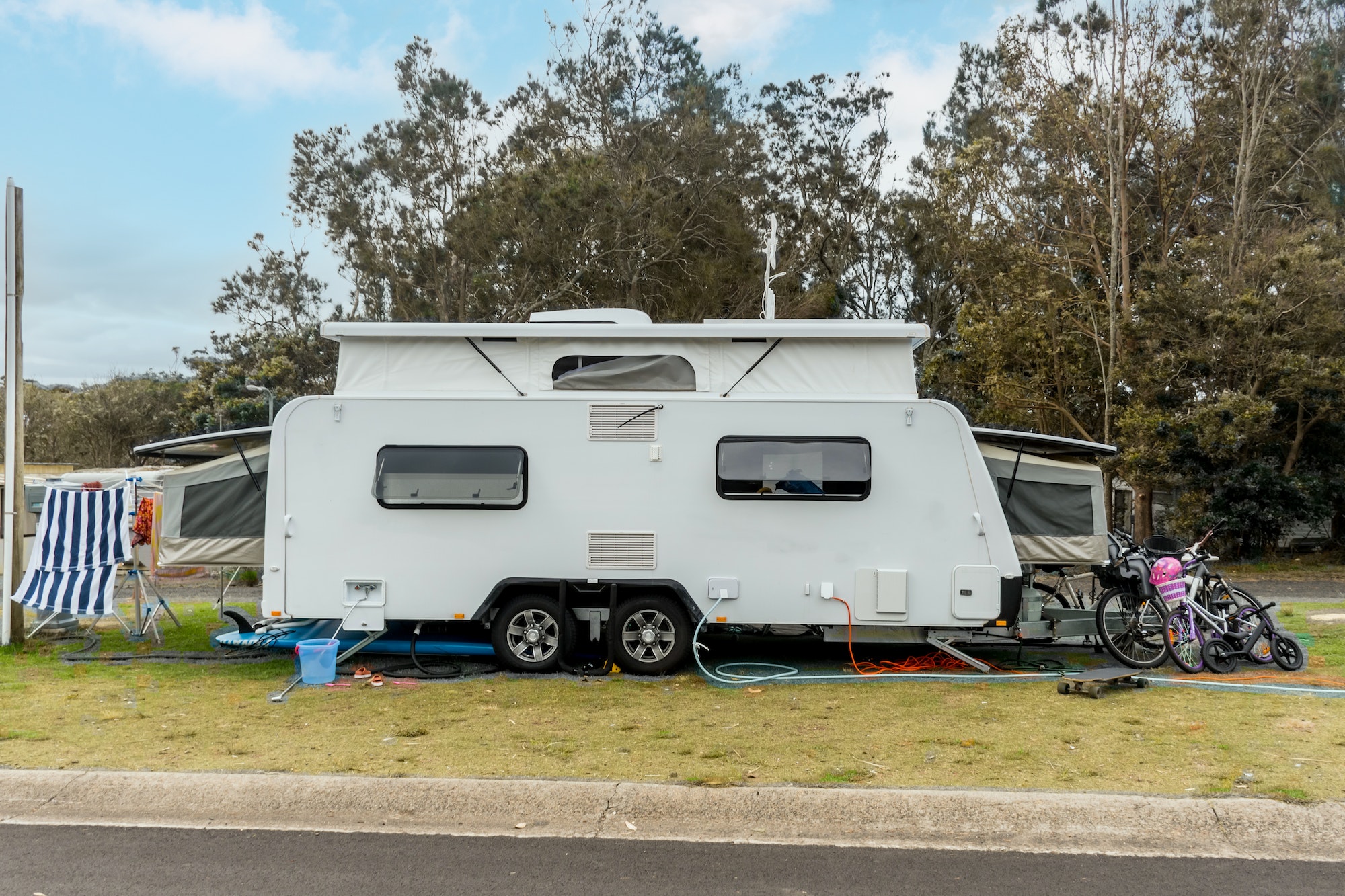 RV caravan camping at the caravan holiday park. Family vacation